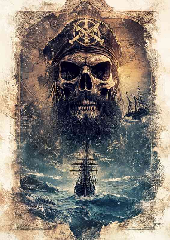 Pirate skull with a black beard standing