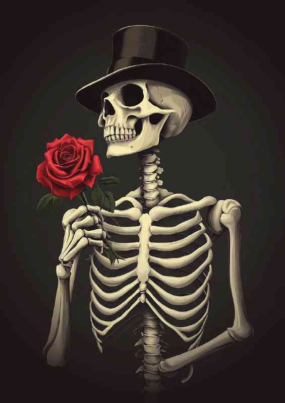 Skeleton wearing a black top hat and holding a rose
