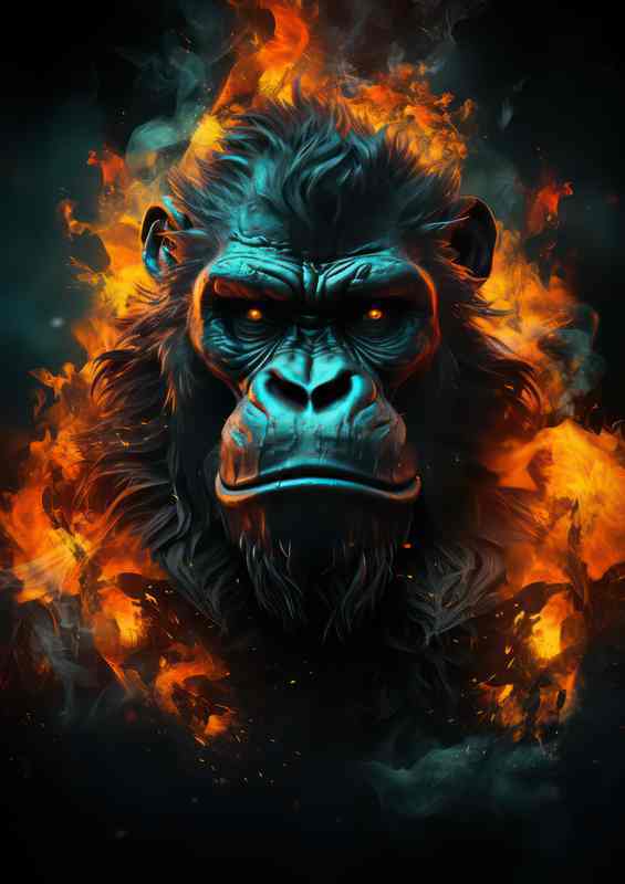 Gorilla art form with fire in the background