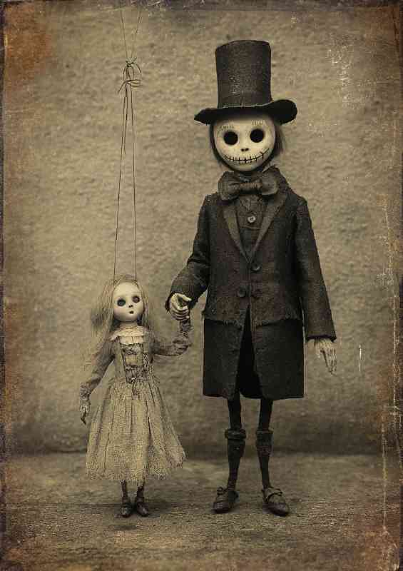 Vintage photo of an eerie doll and its creepy puppet