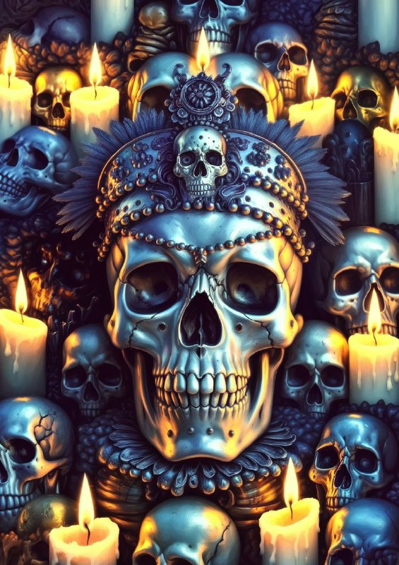 Vivid and intricate arrangement of skullss and candles