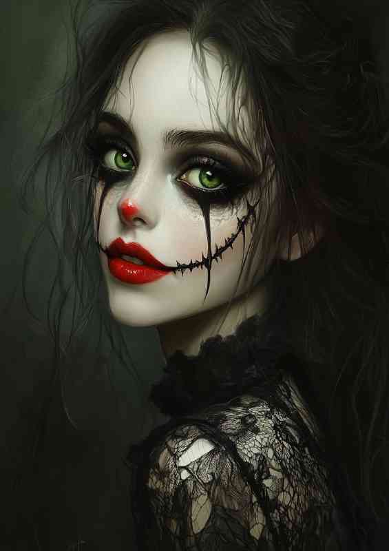 Woman with large green eyes and red lipstick