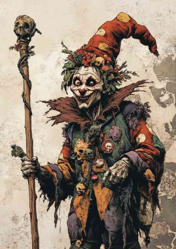 Zombie jester holding an extra long wooden staff
