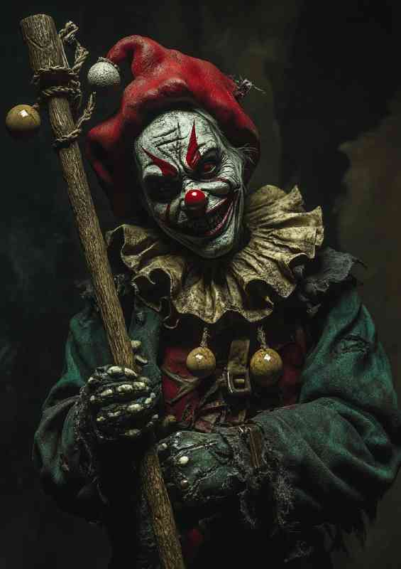 Zombie jester holding up a wooden staff