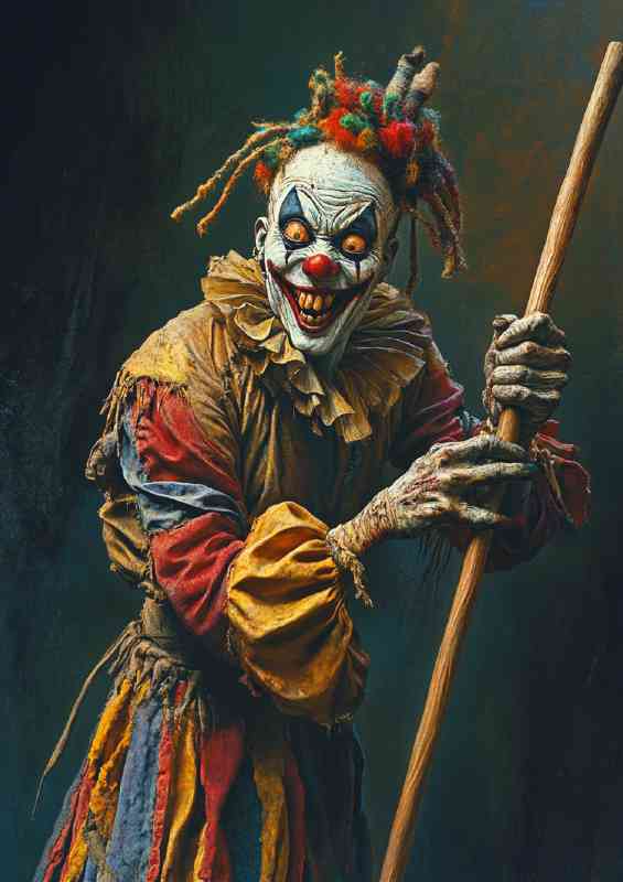Zombie jester holding up a wooden stick
