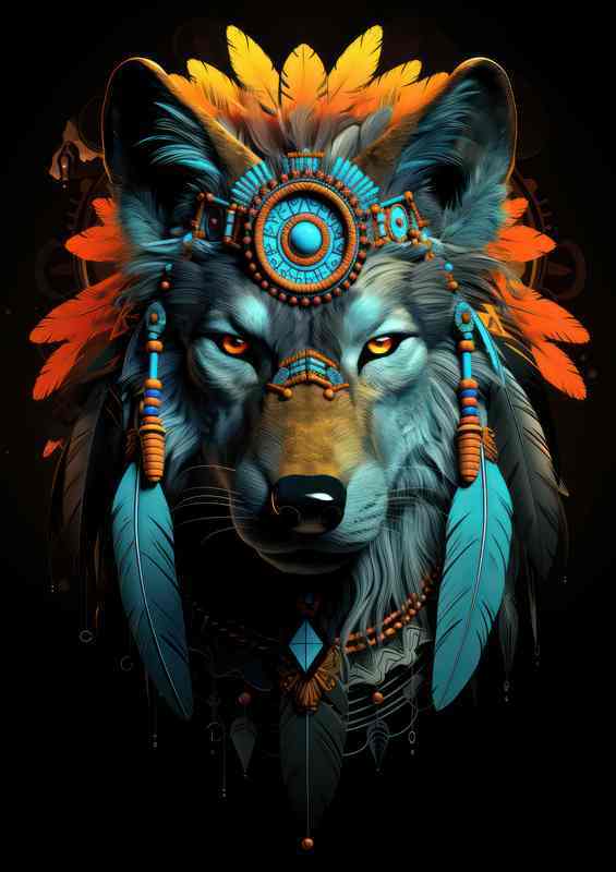 Indian wolf with feathers on a black background