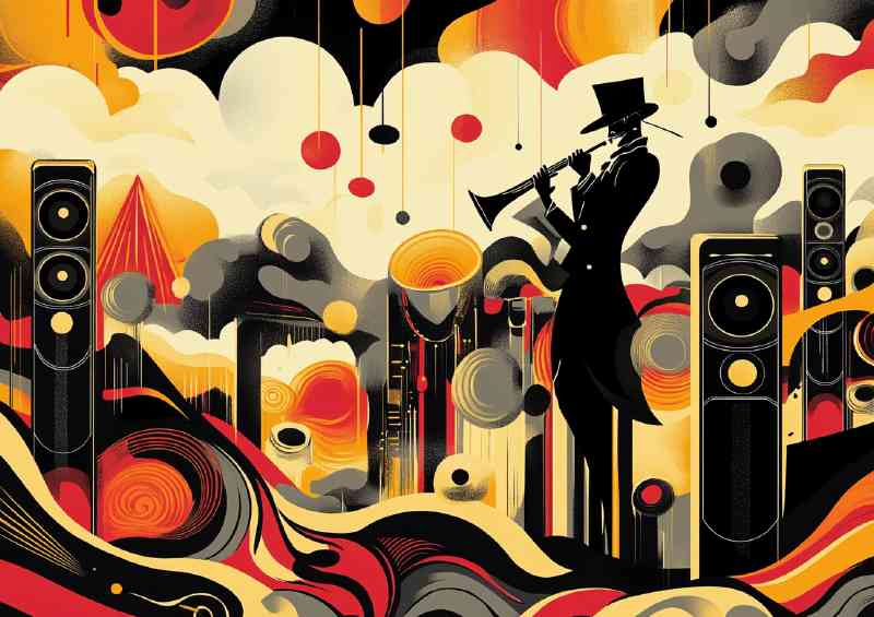 A dynamic and stylized illustration of an art deco music