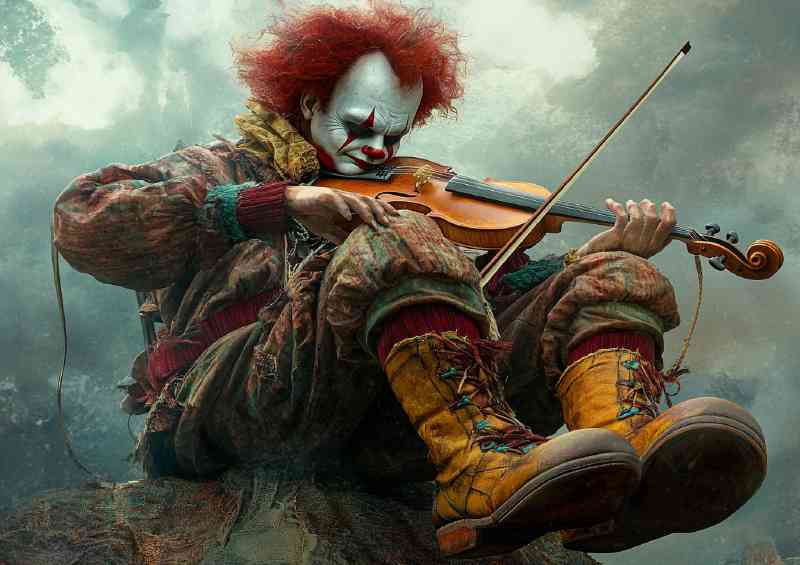 Clown plays the violin sitting atop his oversized boots