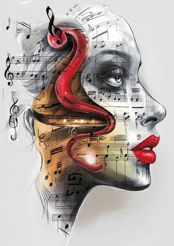 An artistic representation of a womans profile in musical notes