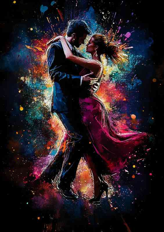 Couple dancing the tango with colorful splashes of colours