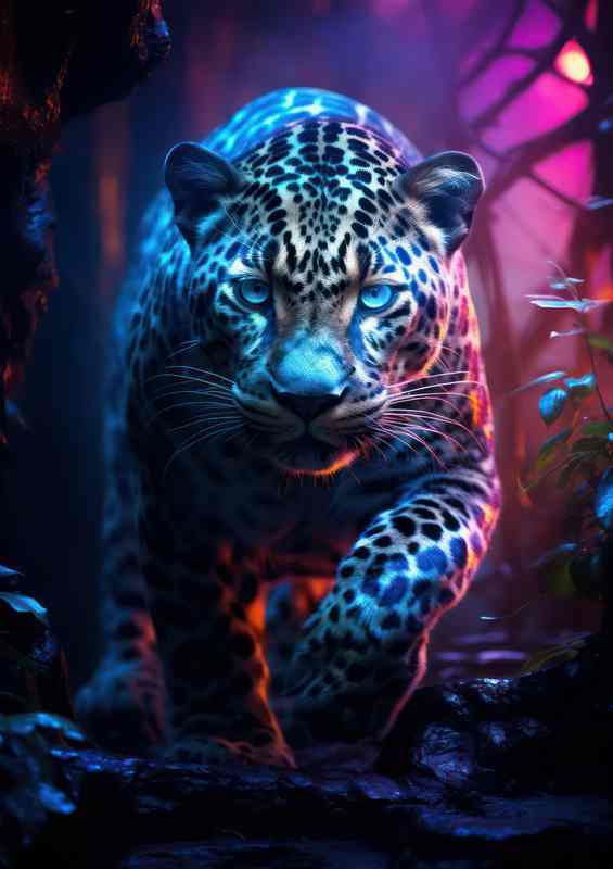 Leopard walking through the woodland colourful