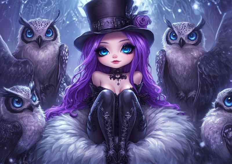 A beautiful gothic princess with long purple hair and owls