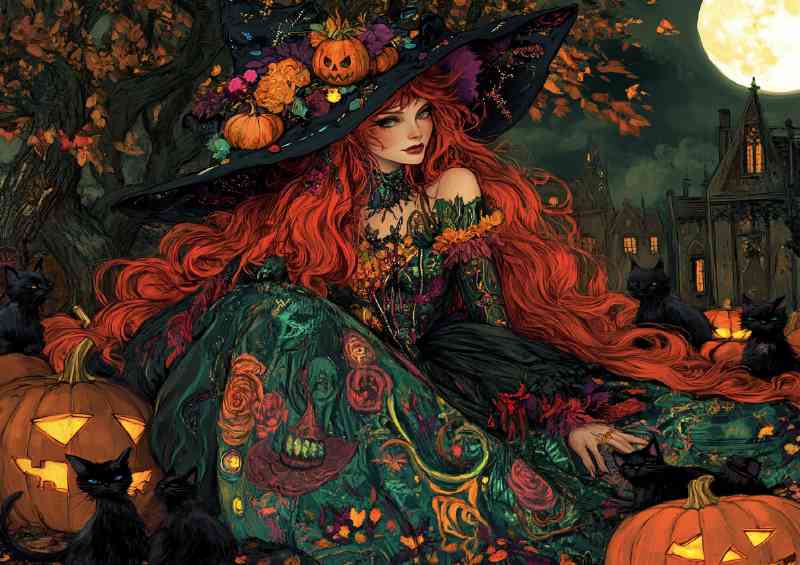 A beautiful witch with long red hair in an elaborate setting