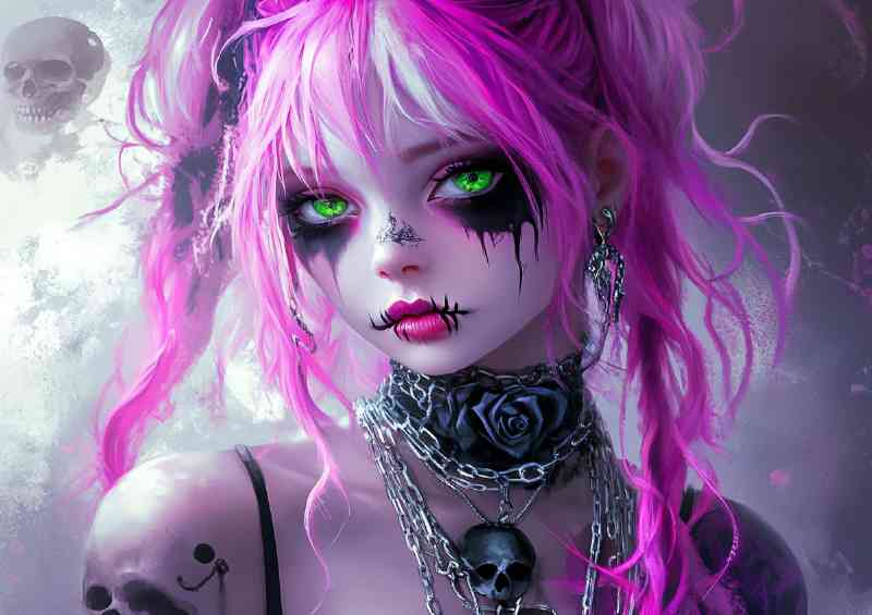 A goth anime girl with pink and purple hair