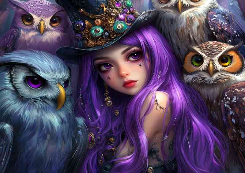 A gothic princess with long purple hair and owls