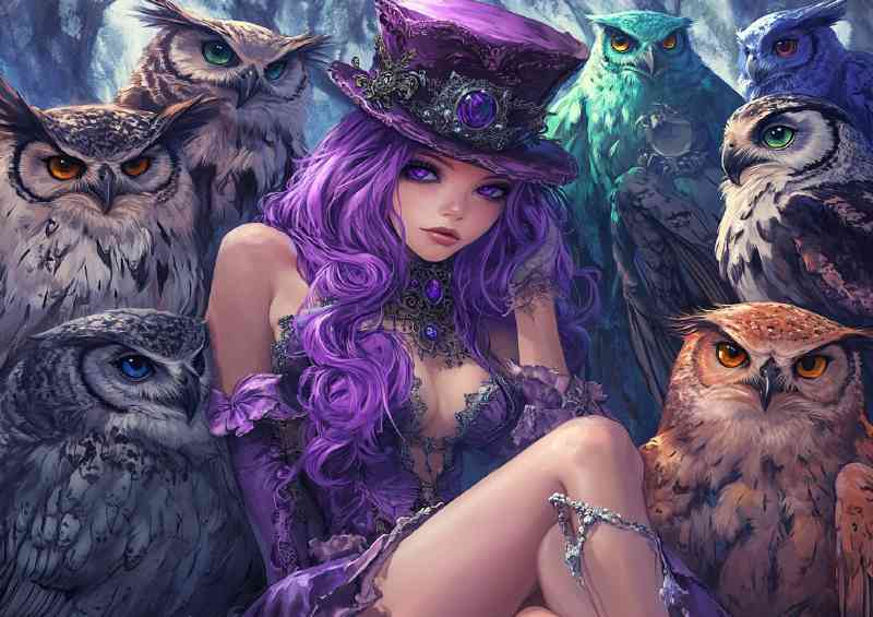 A gothic princess with long purple hair surrounded by her owl family