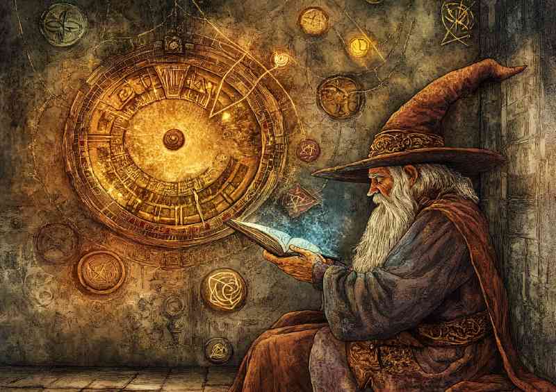 A wizard reading an old timey clock with magical symbol