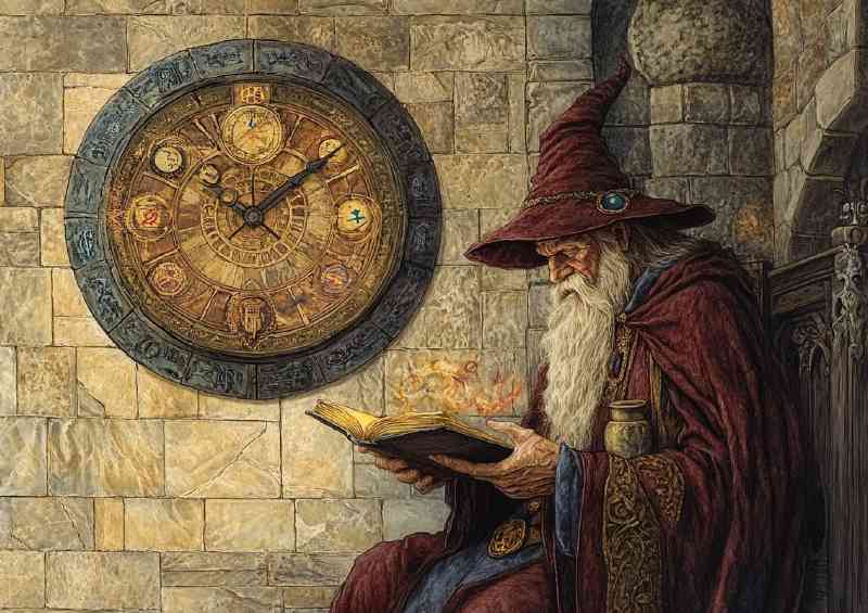 A wizard reading an old-timey clock with magical symbol