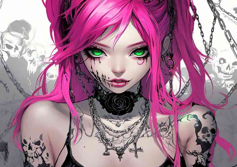 Anime girl with pink and purple hair goth
