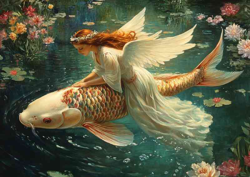 Beautiful koi fish swimming on the water an angelic fairy
