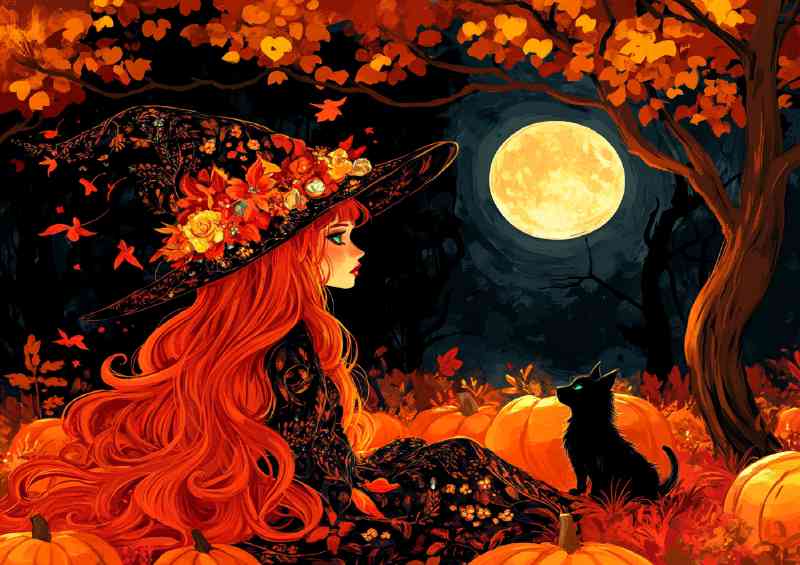 Beautiful witch with long red hair and a black cat