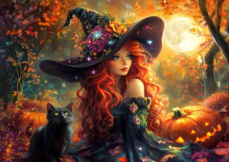 Beautiful witch with long red hair and a black cat glowin autumn sun