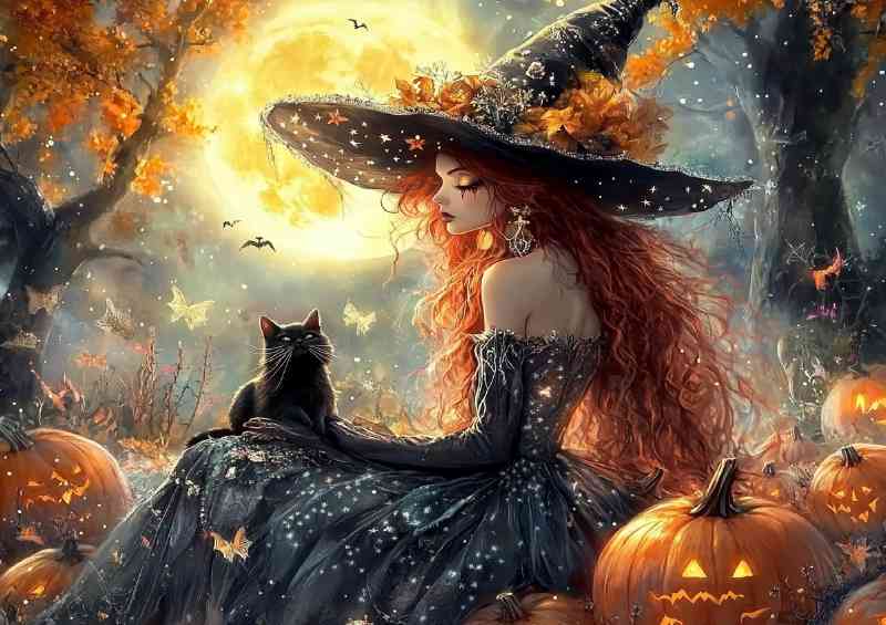 Beautiful witch with long red hair and a black cat in autumn