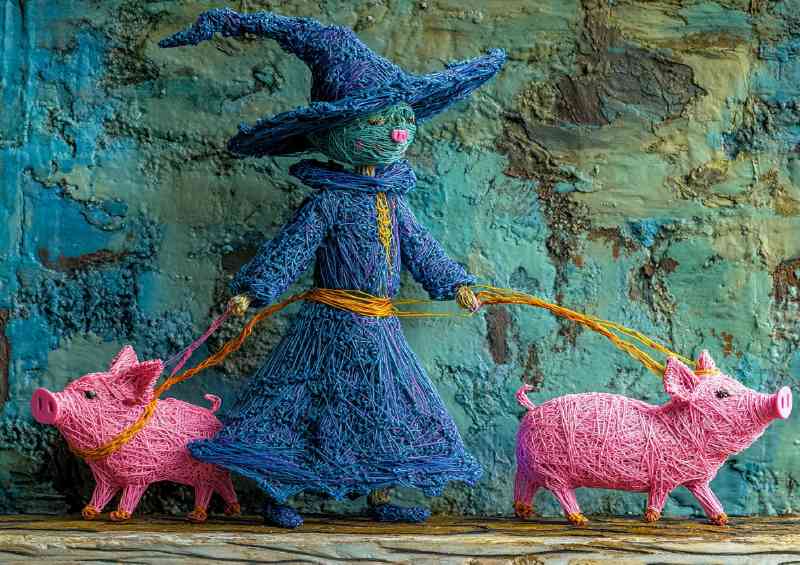 Blue witch pulling two pink piglets on leashes