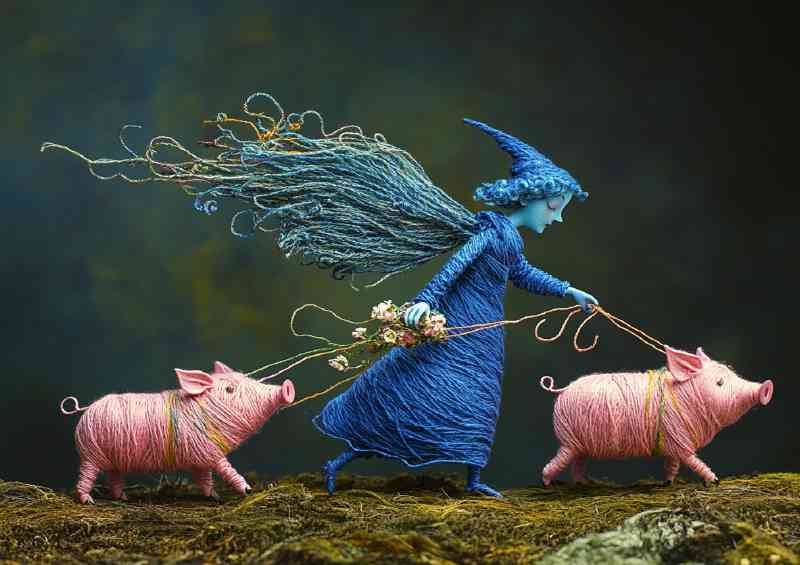 Blue witch with wings pulling two pink pigs