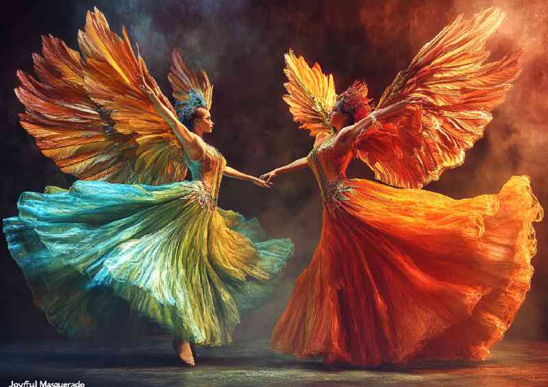 Dancers in colorful costumes with large wings