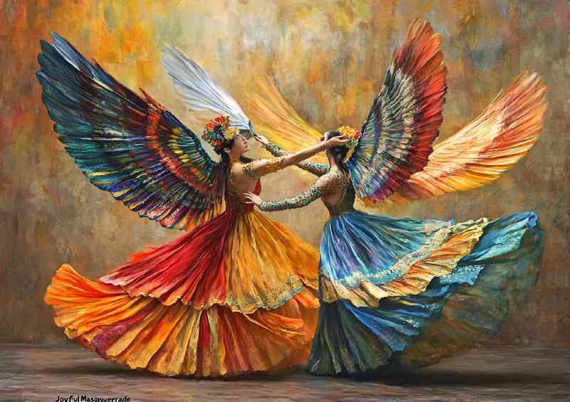 Dancers in colorful costumes with wings