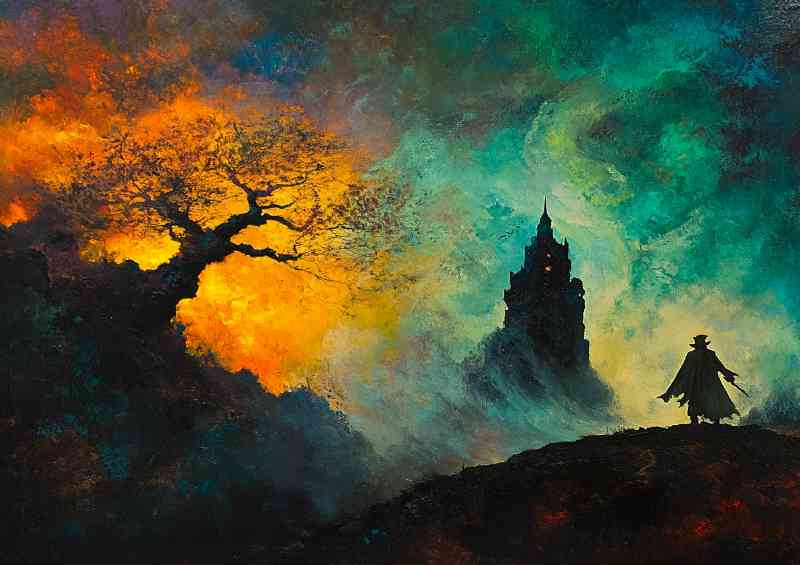 Dark fantasy painting wizzard and tower