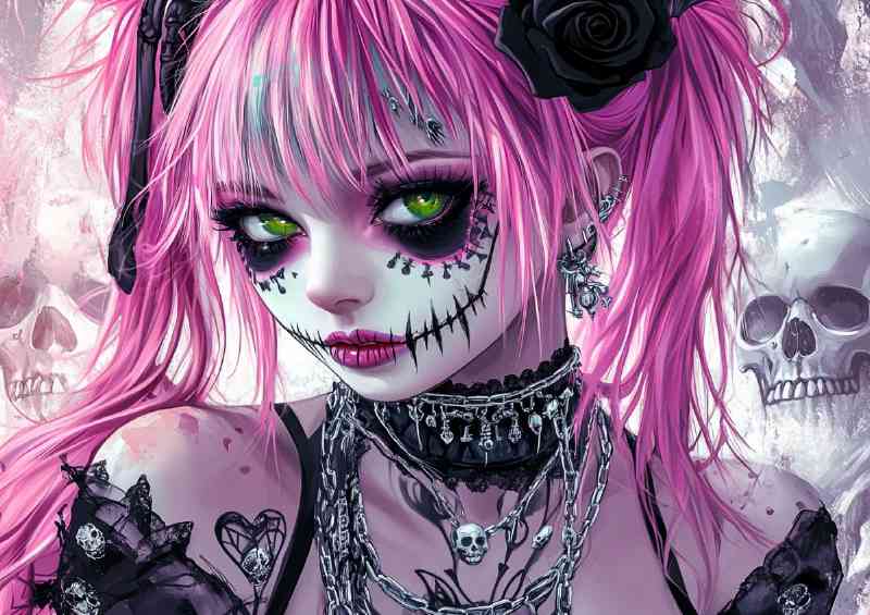 Goth anime girl with pink and purple hair