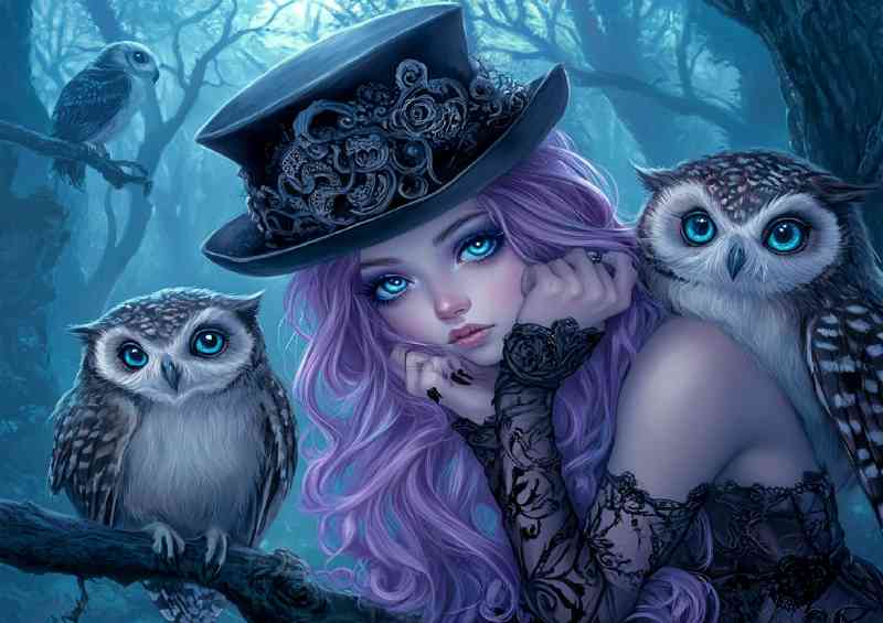 Gothic princess with long purple hair and blue eyes