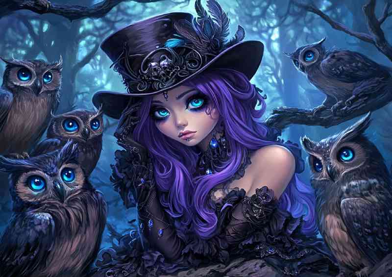 Gothic princess with long purple hair and blue eyes with owl family
