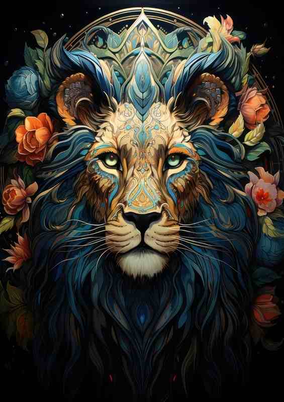 Lion head with flowers looking majestic