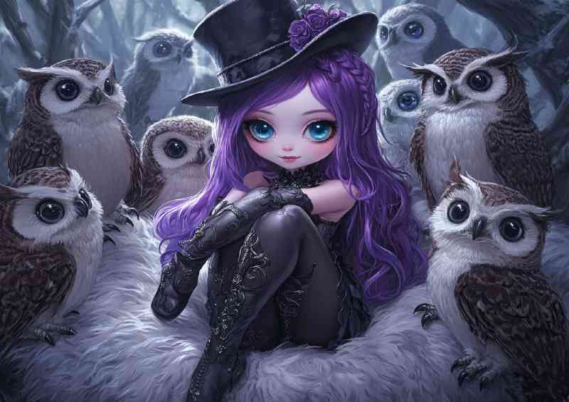 Gothic princess with long purple hair and owls
