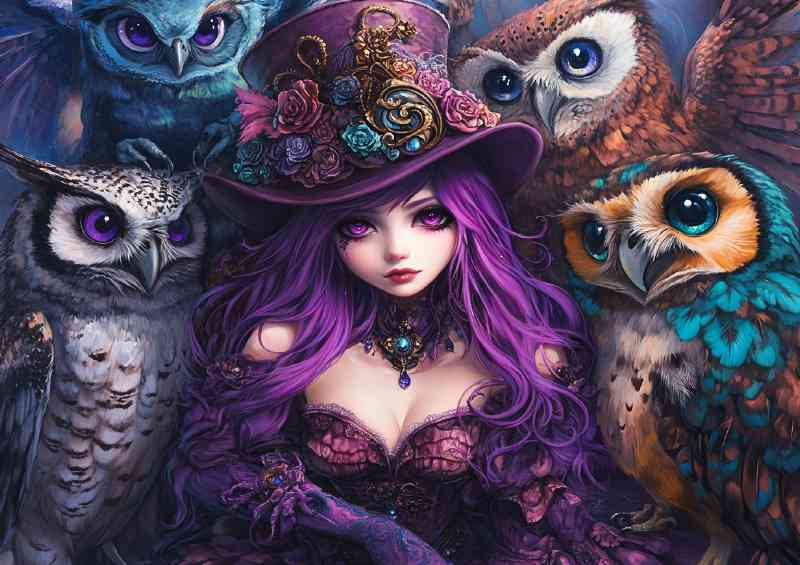 Gothic princess with purple hair and Large owls