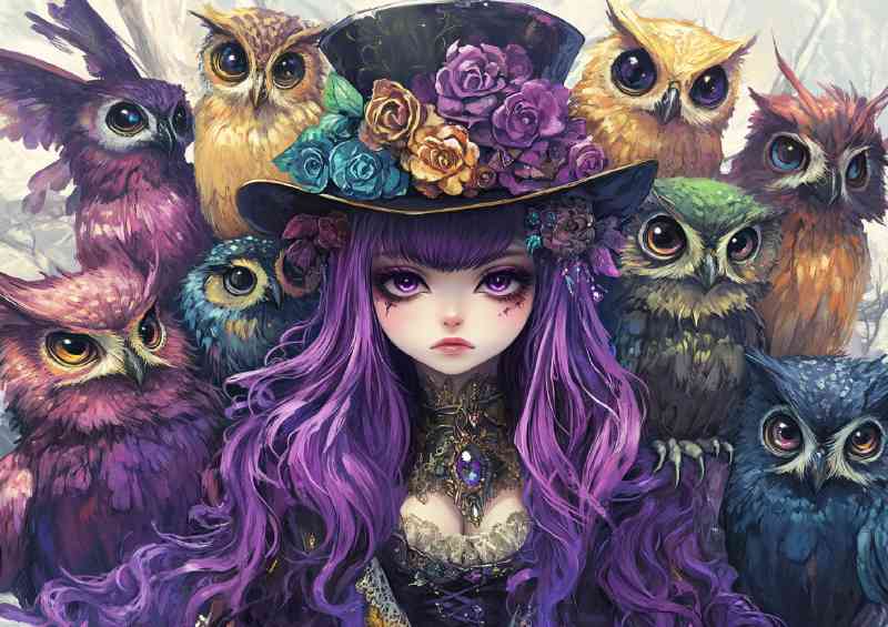 Princess with long purple hair and colourful owls
