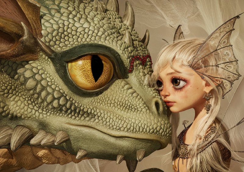 Shot of a large dragon with textured with the little fairy