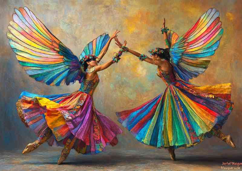 Two dancers in colorful costumes