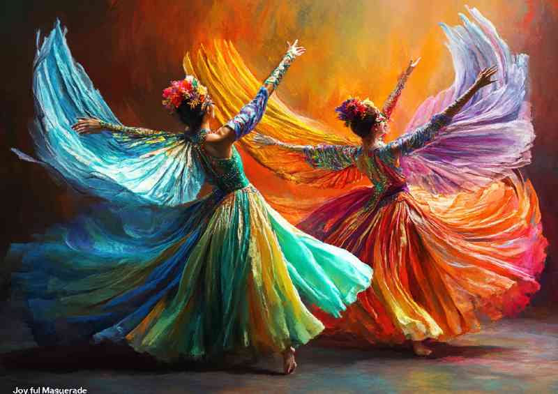 Two dancers in colorful costumes with large wings