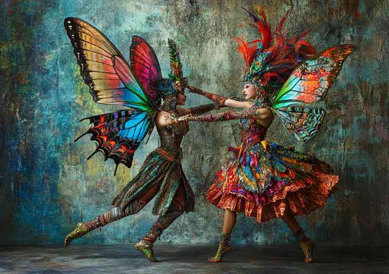 Two dancers in colorful fairy costumes