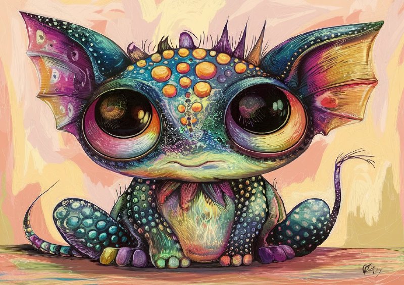 Vibrantly colored fantastical baby dragon creature