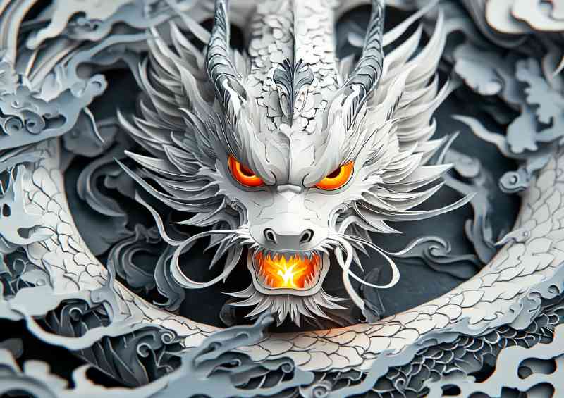 White dragon with orange eyes surrounded by winds