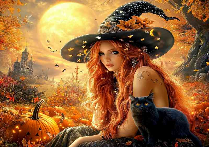 Witch with long red hair and a black cat