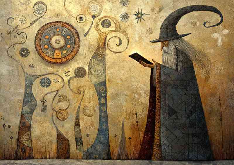 Wizard in the style of John Bauer is looking at the book