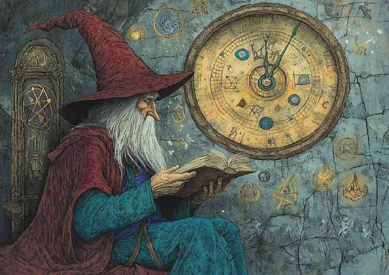 Wizard reading an old timey clock in yellow