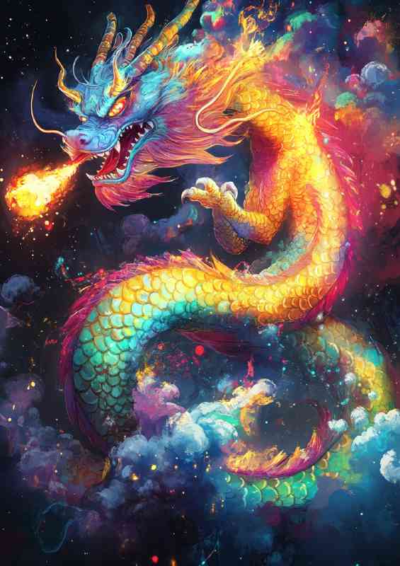 A colorful Chinese dragon with red yellow and blue celestrial skies