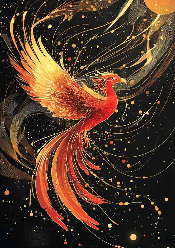 A red phoenix against a black background with golden